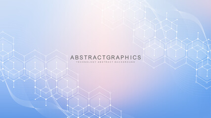 Modern scientific background with hexagons, lines and dots. Wave flow abstract background. Molecular structure for medical, technology, chemistry, science. Vector illustration
