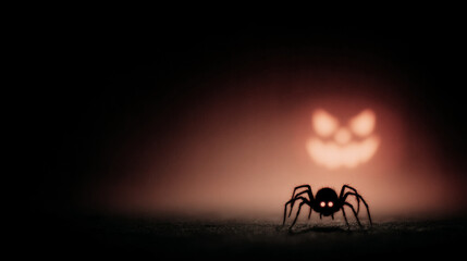 Spooky black spider silhouette and glowing evil pumpkin face in dark. Halloween horror scene with mysterious foggy background and copy space. Scary holiday concept