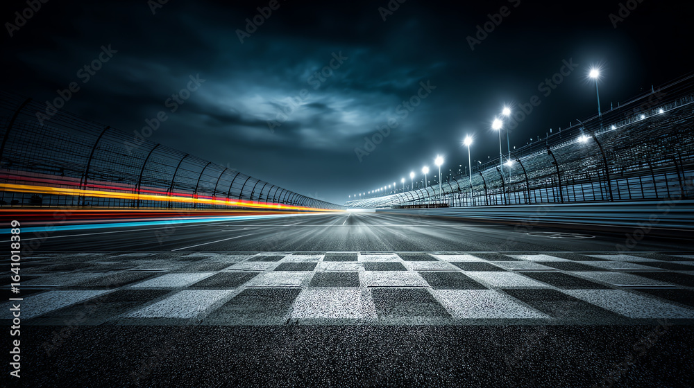 Wall mural a nighttime view of a race track's finish line with motion blur from speeding cars and illuminated f