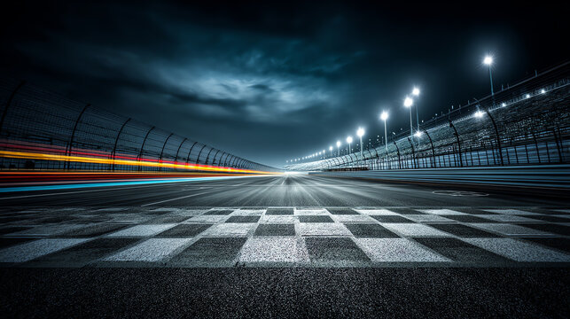 A nighttime view of a race track's finish line with motion blur from speeding cars and illuminated floodlights under a cloudy sky