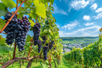 Lush vineyard with ripe purple grape clusters hanging from vines under a bright blue sky, overlooking a scenic countryside town surrounded by rolling green hills