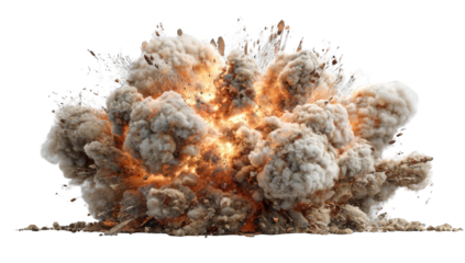Massive explosion, a cloud of tan-gray smoke and debris erupting outward from a central point of intense orange fire