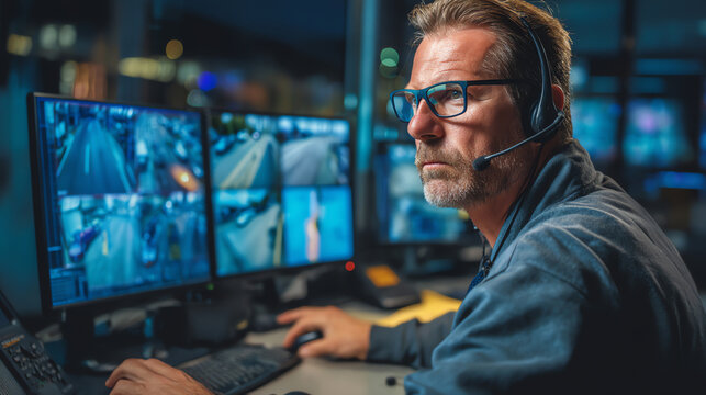 A focused security operator wearing a headset monitors multiple surveillance camera feeds on several computer screens in a dimly lit control room