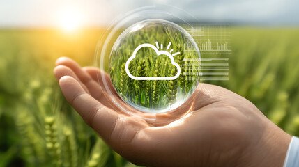 Hand holding a transparent sphere showing green wheat stalks with a weather icon overlay, symbolizing agricultural technology and weather forecasting