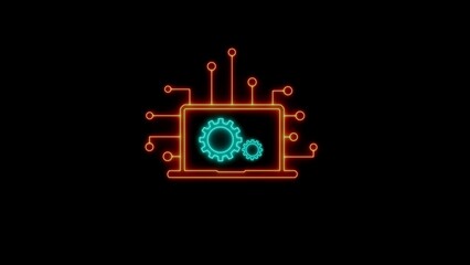Neon laptop computer with gears inside representing system processes and technology concepts