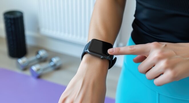 Fitness Enthusiast Monitoring Workout Progress on Smartwatch in Gym Environment, Promoting Healthy Lifestyle and Technology Integration - Powered by Adobe