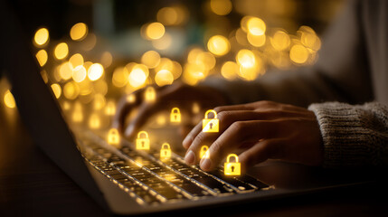 Hands typing on a laptop keyboard with glowing padlock icons floating above, symbolizing cybersecurity and data protection in a warm, blurred background with golden bokeh lights