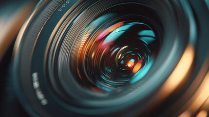 Professional camera lens with colorful reflections closeup view. Modern optical equipment with glass elements. Media production and videography concept. Digital imaging technology