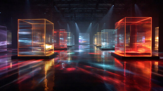 Futuristic glass cubes with neon lights in dark room. Abstract digital art with glowing light reflection. Modern technology concept for exhibition or virtual space design