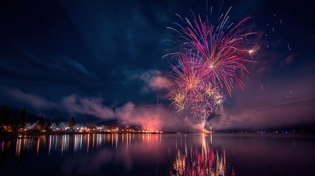 Festive Fireworks Display Over Still Water Reflecting Lights and Sky on a Night Scene
