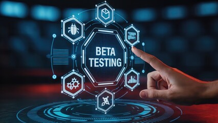 Beta testing interface with touch display and futuristic design, modern software quality assurance concept