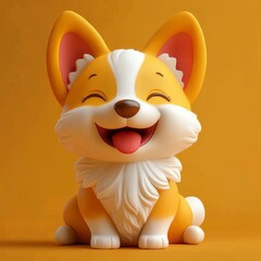 Cute, funny, fluffy cartoon orange corgi puppy, smiling with its red tongue sticking out, sitting playfully in a minimalistic 3D style, Generative AI