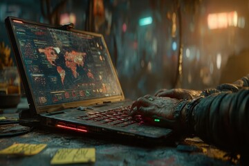 Cyberpunk hands typing on a laptop with a global data map display.