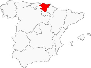 Map of Spain highlighting the Basque Country. Perfect for projects on its unique culture, language, stunning coastal cities, and rugged landscapes