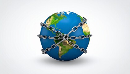 World Humanitarian Day &mdash; globe wrapped in a horizontal chain, continents of the Americas visible, solid blue background;