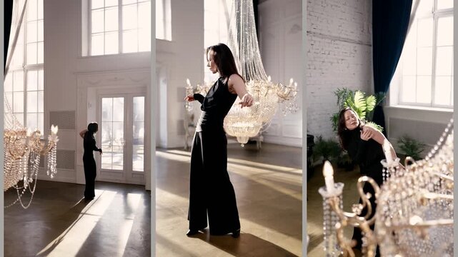 Contrast of light and shadow. Smooth dancing poses in a black suit against a background of white walls, greenery and a majestic chandelier.