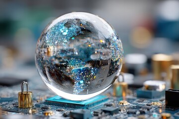A glowing digital world map in a glass sphere on a circuit board with padlocks.
