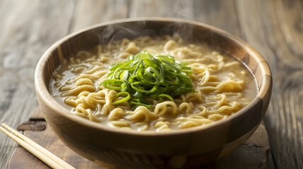 Steaming bowl of fresh ramen noodle soup topped with scallions on rustic table