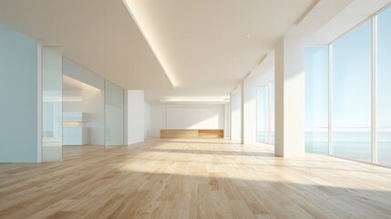Obraz premium Modern Empty Room Interior with Hardwood Floor, White Walls, Large Windows and Natural Light, Offering Versatile Space