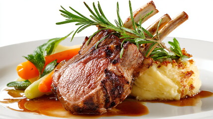 luxury roasted lamb rack with rosemary and mashed root vegetables, fine dining cuisine isolated on white