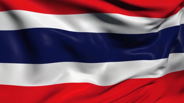 Dynamic Thai flag waves majestically, representing national pride and cultural heritage in a vibrant, patriotic display.
