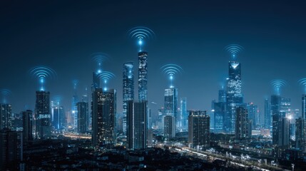 Obraz premium Modern Cityscape with Wireless Connectivity: High-Rise Buildings and Futuristic Network Technology at Night