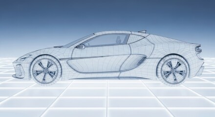 Conceptual futuristic sports car design with wireframe on a digital blue grid surface