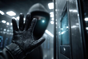 Cybersecurity: A gloved hand on a glowing digital screen, depicting a hacker.