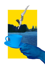 Vertical collage of mini black white  girl jumping diving big arm hold coffee cup plate ukrainian colors landscape outdoors