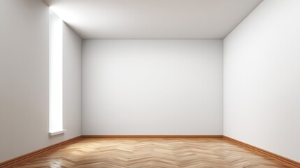 Fototapeta premium Minimalist Empty Room Interior with White Walls, Herringbone Wood Flooring and Natural Light from Window