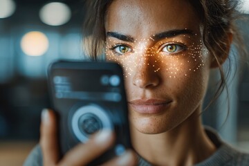Woman using facial recognition on smartphone for secure digital identity access.