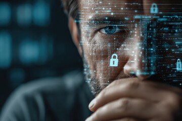 Man's face with digital overlay, security locks, modern cybersecurity.