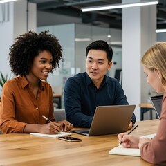 Diverse team collaborates on a project at a modern office table