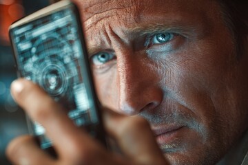 Intense man with piercing blue eyes engaging futuristic digital data on a smartphone.