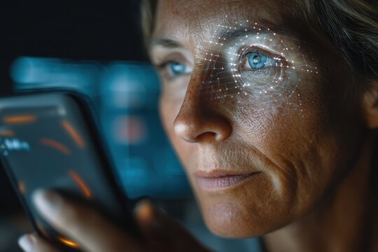 Female eye with digital overlay for biometric identity verification via phone.