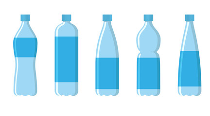 Collection of plastic water bottles of various shapes. Illustration on transparent background