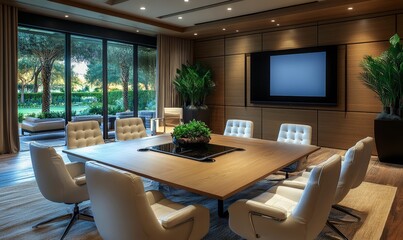 Photo of a modern meeting room, highlighting minimalist design and a clean, productive workspace, Generative AI