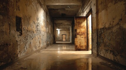Obraz premium Eerie Abandoned Corridor with Open Door Leading to an Unknown Destination, Featuring Decay and Reflection