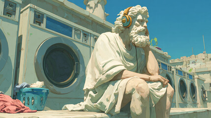 Ancient greek statue sitting at modern laundromat. Creative surreal art concept combining classical sculpture and everyday life. Retro pastel color aesthetic with washing machine