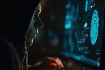 Focused hacker in dark hoodie at glowing screen with digital data, fingerprint
