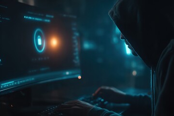 Hacker's intense focus on a computer screen displaying a digital lock symbol.