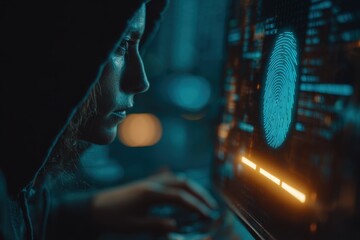 Cybersecurity expert analyzing biometric data on a glowing computer screen
