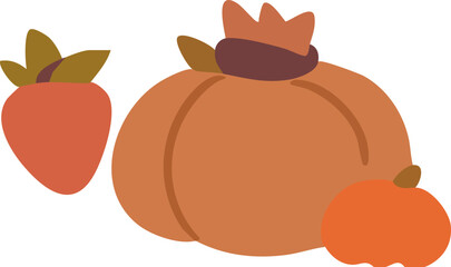 A flat-style illustration of three autumn fruits, including two pumpkins and a persimmon, in warm harvest colors.