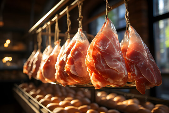 Freshly displayed cured meats at a local butcher shop showcase traditional culinary practices and craftsmanship - Powered by Adobe