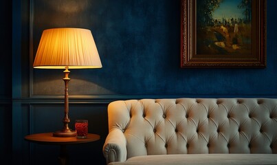 Mid-century modern living room, featuring a luxury sofa with a lamp against a dark blue wall, creating a stylish and inviting interior, Generative AI