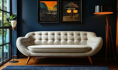 Mid-century modern living room, featuring a luxury sofa with a lamp against a dark blue wall, creating a stylish and inviting interior, Generative AI