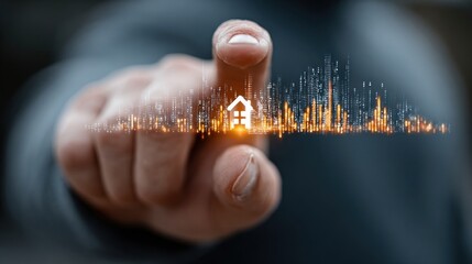 Businessman analyzing digital real estate trends and housing data for investment and market growth