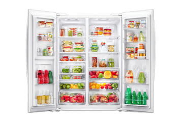 Full white refrigerator, stocked with various foods
