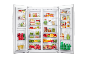 Full white refrigerator, stocked with various foods