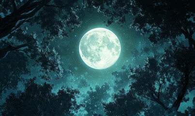 Photo of a moonlit forest, viewed from above, with sparse undergrowth creating a delicate and magical atmosphere, Generative AI